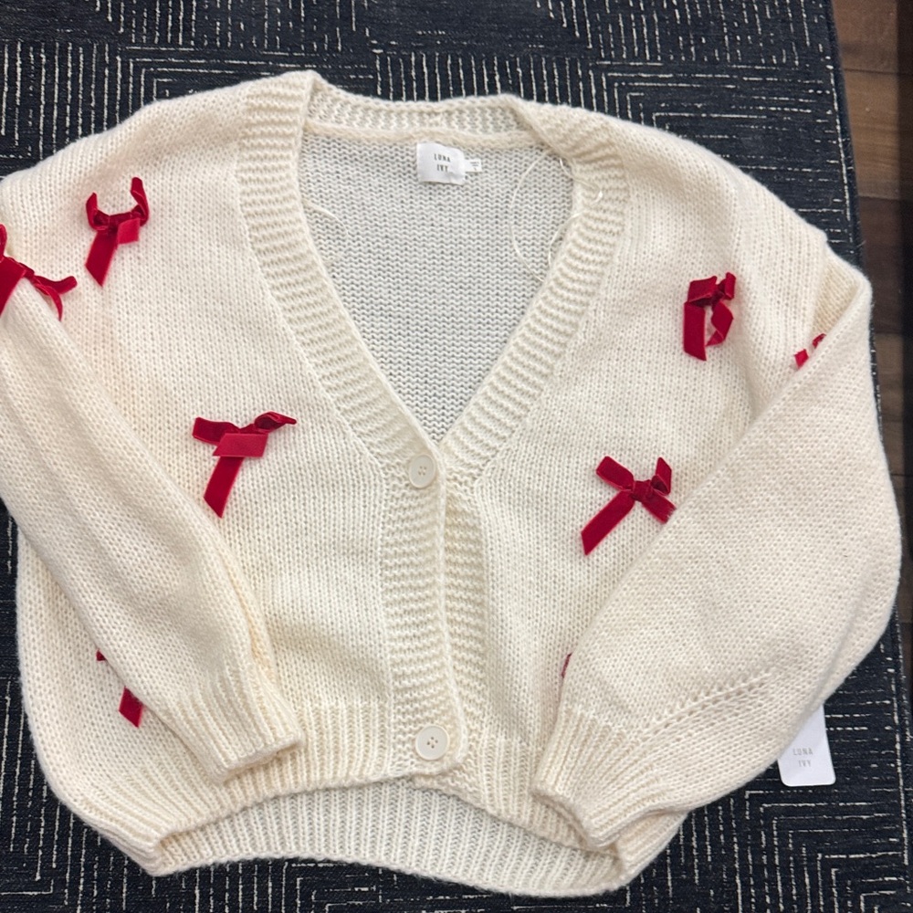 Luna ivy Cream sweater with Red Bow Accents